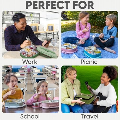 Korra Home & Living Stainless Steel Lunch Bento Box for Adults and All Ages - 5 Compartments, Insulated Bag, Spork, and Leak resistant Soup Bowl, Durable for Work, College, Travel 7