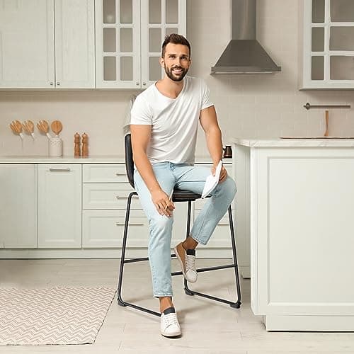 DUMOS 26 Inch Counter Height Bar Stools Set of 4, Modern Faux Leather High Barstools with Back and Metal Leg, Bar Chairs for Kitchen lsland, Black 4