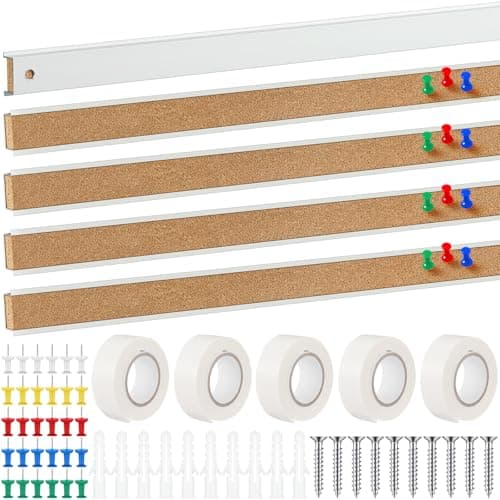 Threehoney 5 Pcs 48" x 1" Cork Strips Bulletin Bar Strips for Wall Bulletin Board Aluminum Trim Brown Cork Boards with Accessories for Paste Notes Photos Classroom Office Home Holiday Decor
