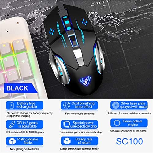 AULA SC100 Silent Wireless Gaming Mouse Rechargeable, with Side Buttons, LED Backlit, DPI Adjustable, 2.4G Wireless Optical Computer Mice Punk Cool Mouse for Games/Work (Black) 6