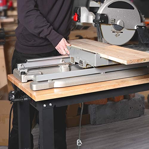 WORKPRO 48" Adjustable Workbench, Rubber Wood Top Heavy-Duty Workstation, 2000 LBS Load Capacity Hardwood Worktable with Power Outlets, for Workshop, Garage 6