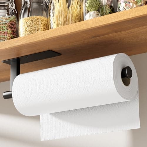 Kitsure Paper Towel Holder Under Cabinet - Sturdy 304 Stainless Steel Kitchen Paper Towel Holder Wall Mount, Drilling or Self Adhesive Paper Towel Holder for Kitchen, Bathroom, Black, 1 pack, US489