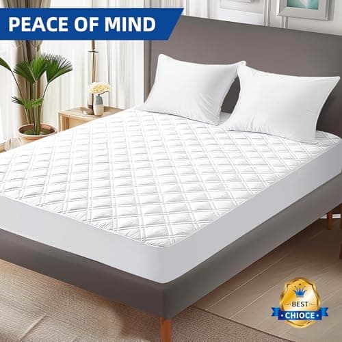 MEELUS Padded Queen Mattress Protector, Breathable Waterproof Mattress Pad Cover Fitted Deep Pocket 8"-21", Soft Noiseless Mattress Cover Washable Cooling for Home Hotel Bedroom, White 9