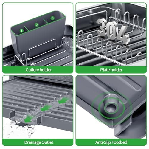 Small Dish Drying Rack Space Saving, 304 Stainless Steel Dishes Rack for Kitchen Counter, Expandable Kitchen Dish Drying Racks, Compact Dish Drainer Rack Foldable, Mini Dish Racks for 1-3 Persons 5