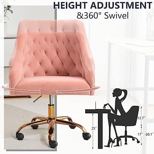 MOJAY Velvet Home Office Desk Chair, Vanity Chair with Wheels Pretty Fancy Gold 360°Swivel Height Adjustable Office Chairs for Girls Home Offices, Bedrooms, Living Room (Pink) 5