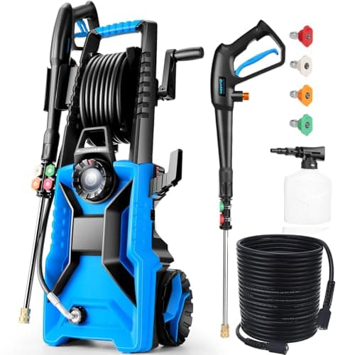 Electric Pressure Washer 5000 PSI 3.0 GPM Adjustable Pressure, Power Washers Electric Powered with 33ft Pressure Hose, 4 Nozzles and 500ml Foam Cannon, Powerwashers for Home, Car, Hose Reel Blue