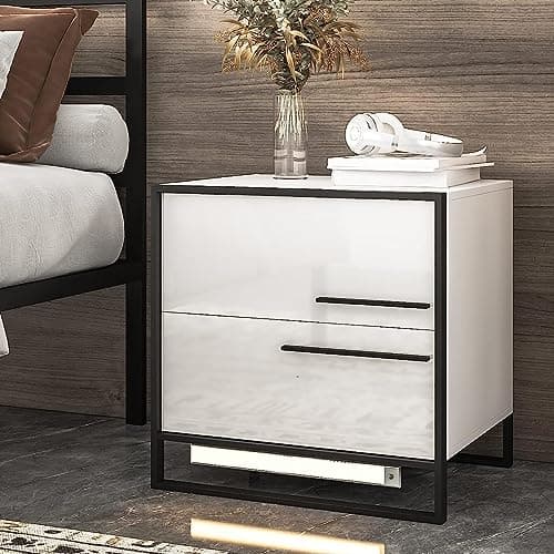 HOMMPA Auto Led Nightstand with High Gloss Drawer White Nightstand Led Bedside Table with Metal Frame Modern Led Night Stand Table with 3 Color Magnetic Infrared Sensing LED Light/Adustable Brightnes