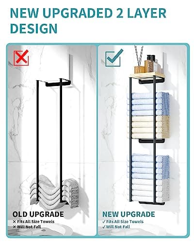 Towel Racks for Bathroom, 2 Tier Wall Towel Holder with Wood Shelf, Metal Wall Mounted Towel Rack Bathroom Organizers and Storage, Black 5
