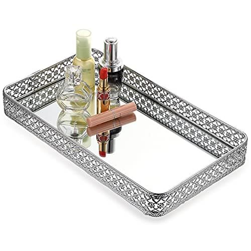 ELLDOO Perfume & Makeup Mirror Tray - Silver Metal Organizer for Dresser & Bathroom Countertop, Hollow-Carved Design Jewelry Storage Large Size 13.8" x 7.9"