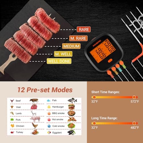 INKBIRD WiFi Meat Thermometer IBBQ-4T, Wireless WiFi BBQ Thermometer for Smoker, Oven | APP Calibration Temp Graph | Mobile Notification Timer Alarm | Rechargeable Digital Grill Thermometer, 4 Probes 7