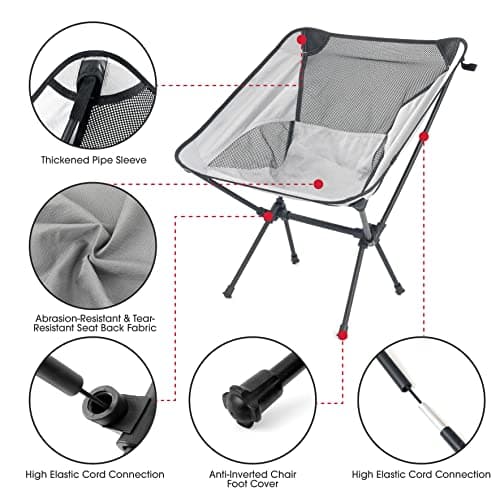 Lightweight Portable Folding Camping Chair Compact Beach Camp Chairs for Adults Foldable Backpacking Chair Outdoor Chair for Camping Hiking Lawn Picnic Outside Travel (Grey) 5