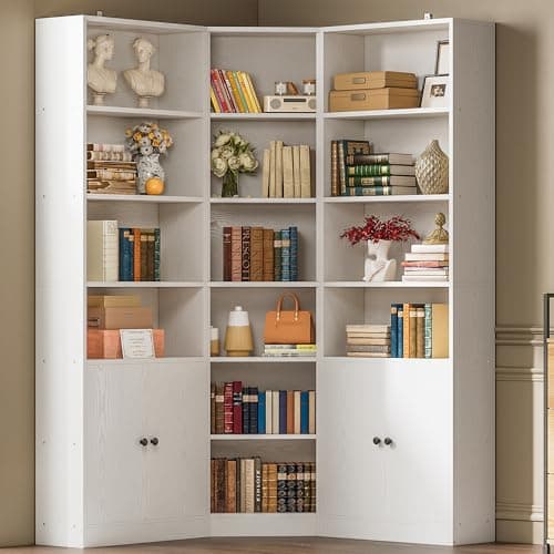 IRONCK Corner Bookshelf and Bookcase with 2 Storage Cabinets and 7 Tier Shelves, 71" Height Storage Shelves Corner Combination, White