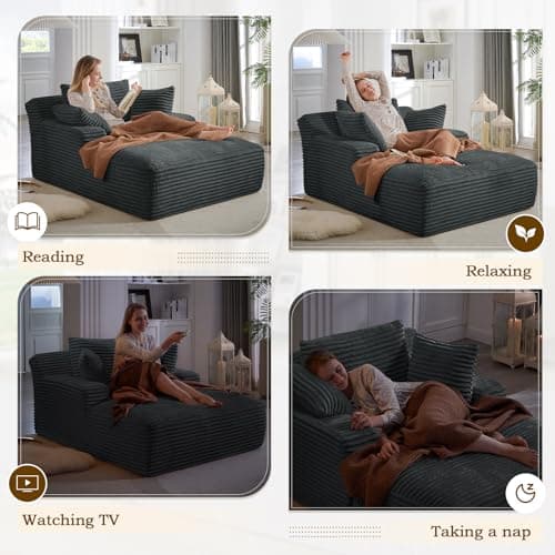 Oversized Chaise Lounge Chair Indoor,50"W Upholstered Corduroy Couch with 3 Pillows,Comfy Fluffy Cloud Couch,Modern Deep Seat Sofa,Single Sleeper Sofa Chair for Livingroom,Bedroom,No Assembly(Grey) 5