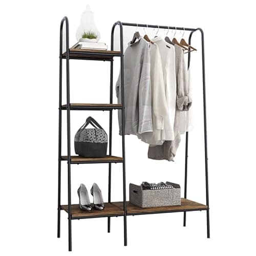 DlandHome Free-Standing Garment Clothing Racks, Home Metal Clothing Rack with 4-Tier Storage Shelves and Hanging Rod Closet Storage Organizer Clothing Rack for Bedroom Living Room Entryway,Retro 10