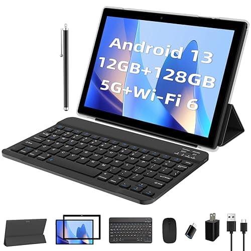PEICHENG Tablet, 2 in 1 Android 13 12GB RAM+128GB ROM 10 inch with Keyboard, 2.0Ghz Processor, 5Ghz/WiFi 6, Bluetooth 5.0, 10 Hours Battery Life, IPS Screen PC, Black
