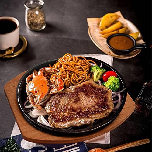 VIKKSAER Sizzling Plate With Wooden Base & Cover, 9" Cast Iron Steak Plates Sizzling Set, Steak Pan Grill Fajita Server Plate for Restaurant Home Kitchen Cooking Accessory 5