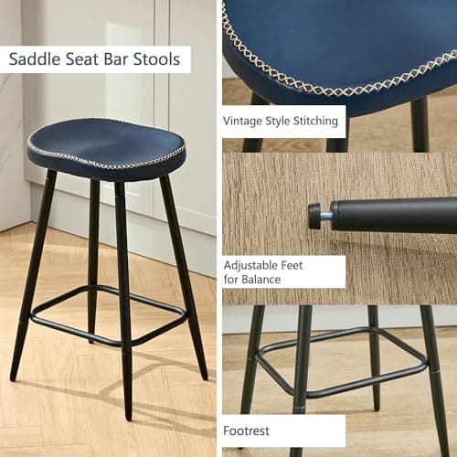 FIRAVOE Bar Stools Set of 2, Modern 24" Counter Height Bar Stools, Faux Leather Backless Saddle Stools for Kitchen Island (Navy Blue, 2 PCS 24'' Height) 5