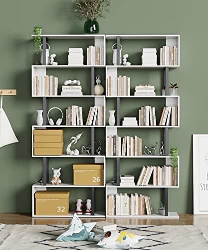 Gadroad 6 Tier Geometric Bookcase,S Shaped Bookshelf, Wood Decorative Storage Shelving, Modern Freestanding Display Shelves, Tall Book Shelf Unit for Living Room Bedroom, White 2