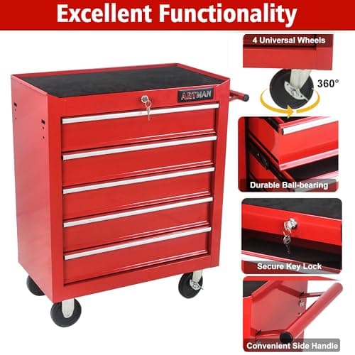 RYH 4/5/6/7 Drawers Rolling Tool Chest -Heavy Duty Mobile Metal Tool Box with Locking Wheels, with Stainless Steel Worktop, Garage Tool Storage Cabinet (Red, 5-Drawers 29.9" H×24.2" W) 5