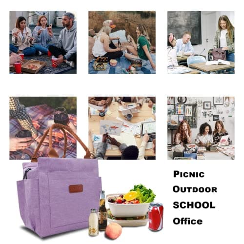 Joymee Lunch Bag Women Insulated Lunch Box Reusable Leakproof Large Spacious Cooler Tote for Women Men Adult with Bottle Holder and Side Pockets for Work Office Travel Picnic - Purple 7