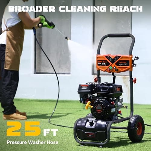 Portable Pressure Washer Gas Powered 3500 PSI 2.3 GPM, 209CC Engine Gas Pressure Washer with 25FT Hose & 4 Quick-Connect Multi-Angle Nozzle, Cordless Pressure Washer for Outdoor Cleaning（Orange） 6