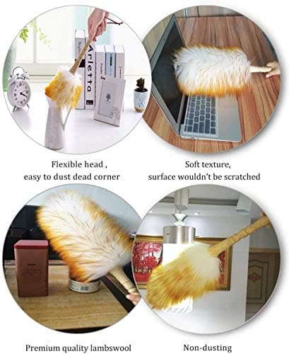 J&A Lambswool Dusters with Solid Wooden Handle, Flexible Head, Anti-Static, Comfortable Grips 17.8 inchs Long Feather Duster for Office, Home and Car etc. 6