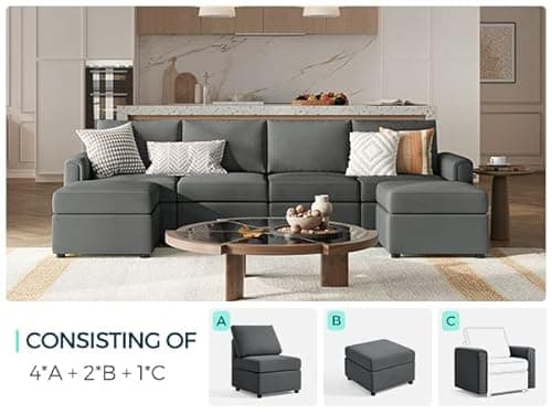 LINSY HOME Modular Sectional Sofa, Convertible U Shaped Sofa Couch with Storage, Memory Foam, Modular Sectionals with Ottomans, 6 Seat Sofa Couch with Chaise for Living Room, Dark Grey 7