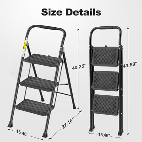 HBTower 3 Step Ladder, 3 Step Stool for Adults, 3 Step Ladder Folding Step Stool with Cushioned Handle Step Ladder with Wide Pedal Ergonomic Design,Black 7