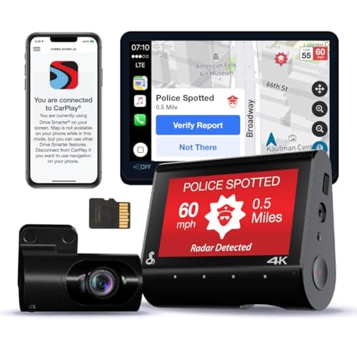 Cobra Smart Dual View Front and Rear Dash Cam (SC 250R) – True 4K Resolution, 360 Alerts, Parking Live View, Incident Reports, Emergency MayDay, 32 GB SD Card Included, CarPlay & Android Auto