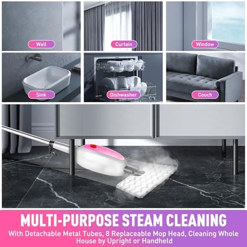 Steam Mop, Detachable Handheld Steam Cleaner with 10-in-1 Multipurpose Accessories, Two-sided Mop, Double Cleaning Area, Multi Surfaces Steamer for Wood Floor, Tile, Window, Clothes, Furniture & Grout 8