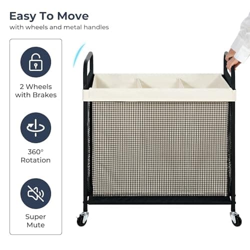 STO STO Laundry Hamper 3 Section, 120L Rolling Laundry Sorter Cart with Removable and Washable Liner Bag, Clothes Hamper with Wheels and Metal Handle for Laundry Room and Bedroom 7