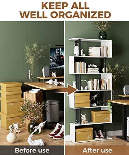 Gadroad 6 Tier Geometric Bookcase,S Shaped Bookshelf, Wood Decorative Storage Shelving, Modern Freestanding Display Shelves, Tall Book Shelf Unit for Living Room Bedroom, White 7