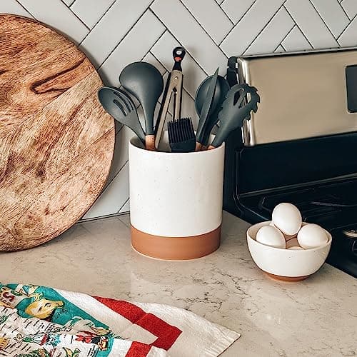 Mora Ceramic Kitchen Utensil Holder - Wooden Spoon & Spatula Crock for Countertop, Modern Farmhouse Home Decor, Extra Large 7.3" Cooking Organizer for Stove Top and Counter - Heavy & Sturdy - Vanilla 6