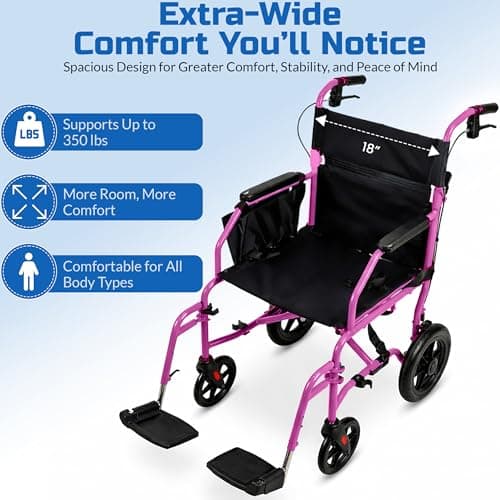 Platinum Health Hummingbird™ Ultra-Lightweight Foldable Transport Wheelchair, Handbrakes,12-Inch Rear Wheels, Extra-Wide Seat. Convenient Table-Length Padded Armrests. (Sunrise Pink) 9