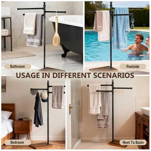 Hjarta 360° Swivel Standing Towel Rack, Free Standing Towel Holder with Wooden Base, Towel Stand with 3 Arms for Bathroom, Poolside 5