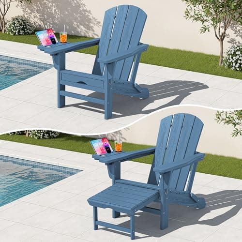 KINGYES Adjustable Folding Adirondack Chair with Footrest & 4-in-1 Multi-Functional Armrest Organizer, HDPE Foldable Recliner Adirondack Chair with Pull-Out Ottoman, Blue