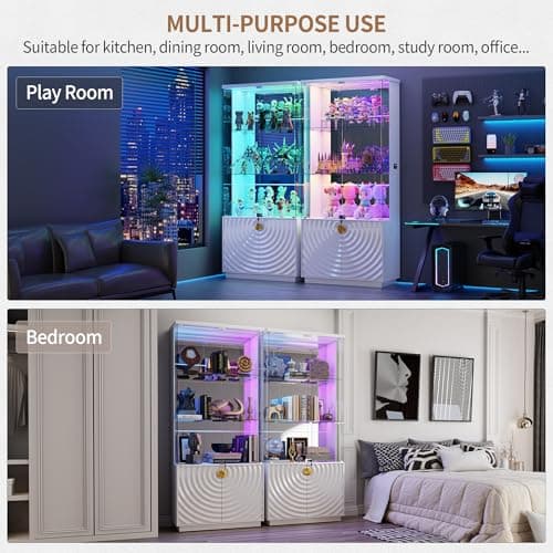 Lvifur 71'' Display Cabinet with Glass Doors,4-Tier Curio Cabinet with 3-Color Lights for Collectibles,Lockable Glass Display Case Human Body Sensor,Tall Bookcase w/Shelves&Drawers,White 9