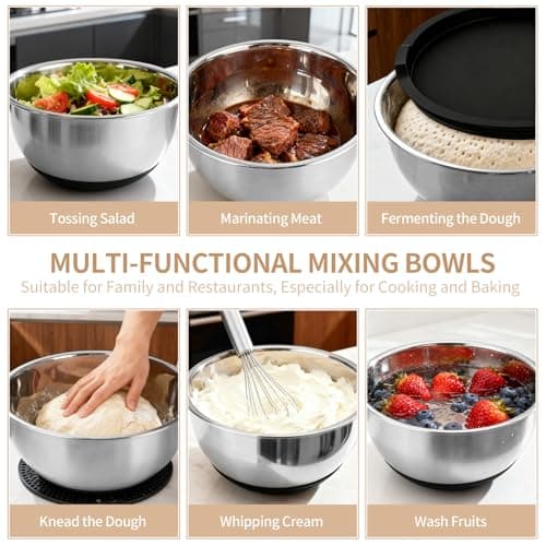Deedro Premium Mixing Bowls with Airtight Lids Set, 22Pcs Thicker Stainless Steel Mixing Bowl Set, Large Prep Metal Bowls, Non-Slip Silicone Base Nesting Bowls for Kitchen, 1.5/2/3/4/5 QT, Black 5