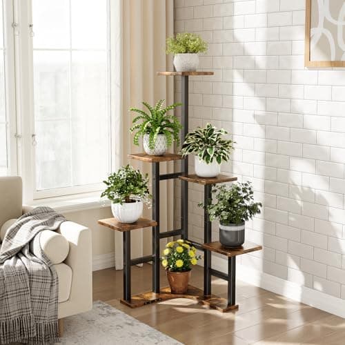 Yzosvki Corner Plant Stand Indoor, 6 Tiered Corner Plant Shelf Flower Stand for Multiple Plants, Plant Shelves Organizer Rack for Living Room, Balcony, Patio, Garden, Square Rustic Brown 2
