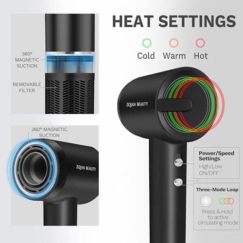 110,000 RPM Brushless Motor Hair Dryer for Fast Drying, 200 Million Negative Ions, Travel-Friendly Low Noise Design (Black, with Concentrator and Diffuser) 6