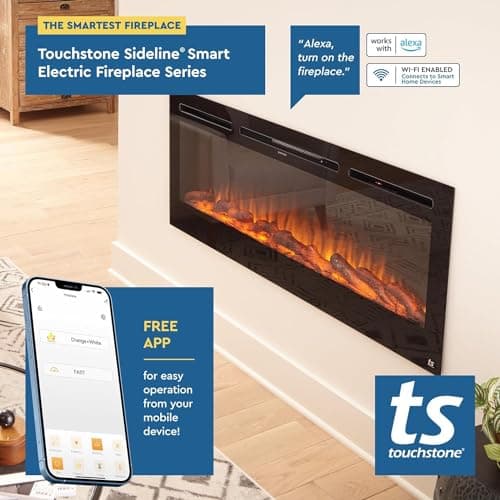 Touchstone Smart Electric Fireplace-The Sideline 60" Wide-in Wall Recessed - 30 Realistic Ember Color/Flame Options - 1,500W Heater w/Thermostat - Log & Crystal Hearth Options - Alexa/WiFi Enabled 7