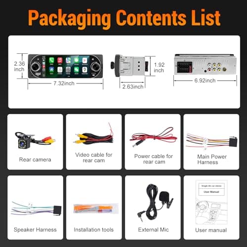 Single Din Car Radio with Apple CarPlay, Backup Camera，External Mic,Single Din Touchscreen Radio Supports Android Auto, Bluetooth, Dual Physical Knobs,SWC, EQ, FM Radio (Black) 7