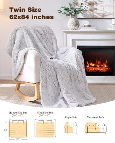 Yokimisu Electric Blanket Heated Twin 62"x84", Bed Blanket Clearance with 9 Heat Levels & 1-10H Timer, Silky Faux Fur, Fluffy Cozy Machine Washable Bedding, Gifts for Mom Dad (Brushed White) 9