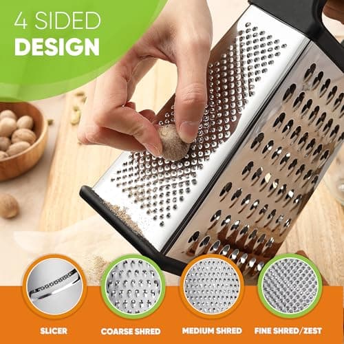 Spring Chef Professional Cheese Grater - Stainless Steel, XL Size, 4 Sides - Perfect Box Grater for Parmesan Cheese, Vegetables, Ginger - Dishwasher Safe - Black 6