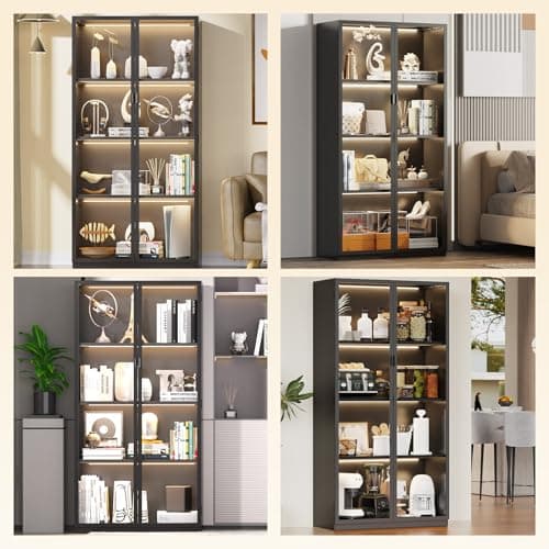 Eltean Display Cabinet with Glass Doors and LED Lights, Glass Display Cabinet with 3 Adjustable Shelves,4 Tier of Storage Space Curio Cabinet for Bedroom Living Room Homeoffice Dining Room 7