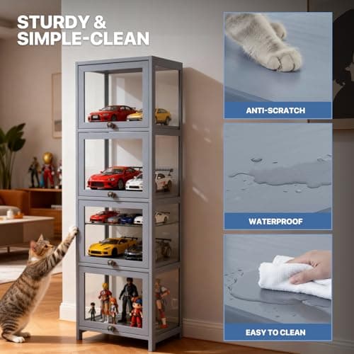 Magshion Display Cabinet, 4-Tier Curio Cabinet with Acrylic Doors, 55" Tall Display Case for Collectibles, Showcase for Living Room, Bedroom, Playroom, Grey, 13" D x 16" W x 55" H 6