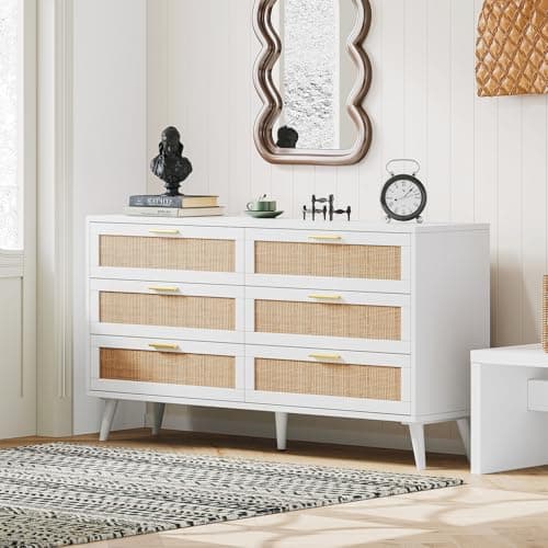 Rovaurx 6 Drawer Double Dresser for Bedroom, Rattan Chest of Dressers, Modern Wooden Dresser Chest with Golden Handles, Beside Table for Closet, Living Room and Entryway, White and Natural
