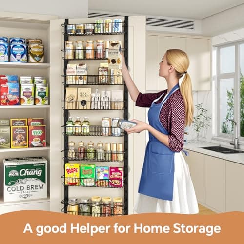 MIAOLI Over the Door Pantry Organizer, 8-Tier Adjustable Spice Rack Cabinet Door Shelves, Hanging Seasoning Organizer for Kitchen Bathroom, Laundry Room Organization, Black 8