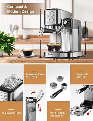 ILAVIE Espresso Machine with Integrated Automatic Milk Frother 6 in 1, 20 Bar Espresso Cappuccino Latte Maker with 24 oz Detachable Milk Reservoir, Ideal for Home Use 6
