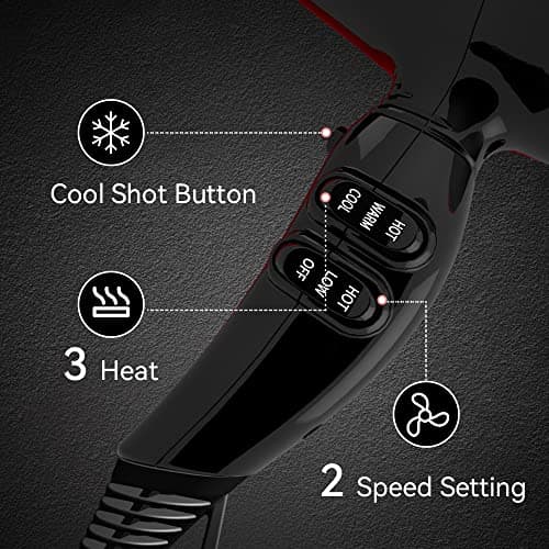 Professional 1875W Tourmaline Ceramic Hair Dryer with Concentrator Nozzle & Negative Ions - Fast Drying, 2 Speed Settings, 3 Temperature Levels, Black 6